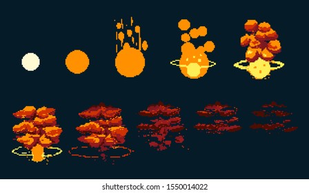 Pixel art explosion. Game icons set. Comic boom flame effects for emotion. Animation frame. Process steps, Video fire.