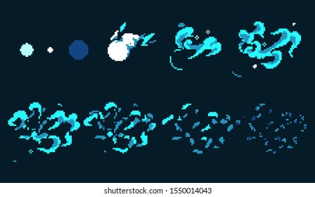 Pixel art explosion. Game icons set. Comic boom flame effects for emotion. Blue flames. Animation frame. Process steps, Video fire.