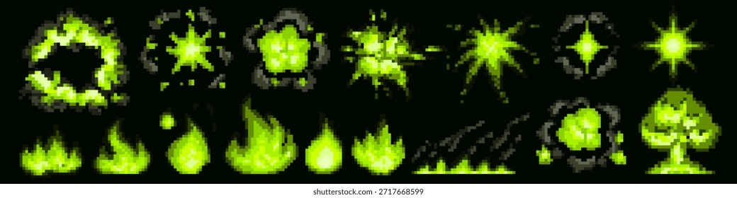 Explosão de arte pixel em chamas verdes brilhantes tóxicas e explosões de energia brilhante no preto. Elementos de jogo retro de 8 bits com explosões pixeladas, animações de ataque de arcade vintage e efeitos de boom dramáticos no escuro