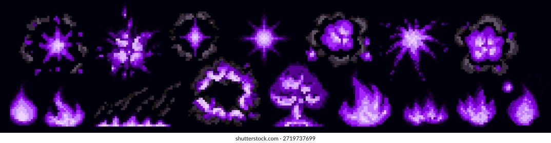 Pixel-Kunst Explosion in leuchtenden violetten giftigen Flammen und helle Energie platzt auf Schwarz. Retro 8-Bit-Spielelemente mit pixelierten Strahlen, Vintage-Arcade-Attack-Animationen, dramatische Boom-Effekte auf Dunkelheit