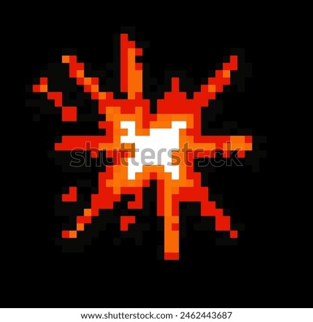 Pixel art of explosion on a dark background. 8-Bit retro game element.