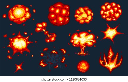 Pixel art explosions. game icons set. Comic boom flame effects for emotion. 8-Bit Vector. Bang burst explode flash nuclear bubble dynamite with smoke. Animation frame. Process steps, Video fire.