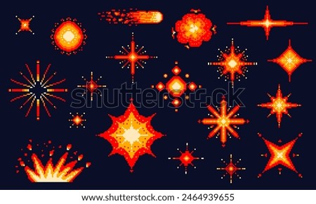 Pixel art explosions. game icons set. Comic boom flame effects for emotion. 8-Bit Vector. Bang burst explode flash nuclear bubble dynamite with smoke. Animation frame. Process steps, Video fire.