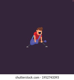 Pixel art expressive male character, rock star with bright guitar, playing and singing