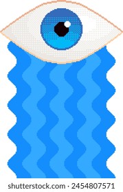 Pixel Art Auge mit Tränen als riesiger Strom, Symbol oder Logo. Crying Eye 16-bit Retro Video Stil Vektorgrafik Symbol.