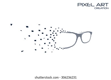 Pixel art eyeglasses logo on white background.