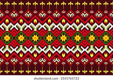 Pixel art fabric background pattern with geometric square. Seamless pattern including tribal design, ethnic motif, traditional style, design for curtain, clothing, wrapping, carpet, wallpaper.