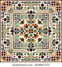 Pixel art fabric colorful and intricate design with a green and yellow flower in the center. The design is made up of small squares and triangles, and the flowers are surrounded 