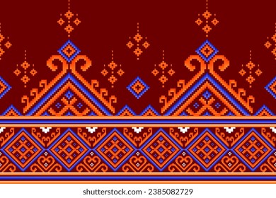 pixel art fabric pattern Abstract ethnic art pixel fabric design colorful orange flowers, hearts, green background Designed for fabric patterns, textiles, home decorations, cross stitch, scarves