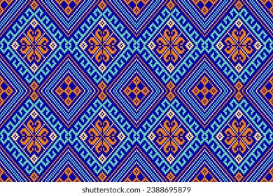 pixel art fabric pattern Abstract ethnic art pixel fabric design colorful orange flowers, hearts, green background Designed for fabric patterns, textiles, home decorations, cross stitch, decorations.