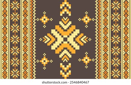 Padrão de tecido Pixel art. Fundo de tecido sem costura. Abstrato padrão de ouro étnico e amarelo floral e ponto de cruz quadrada. Estilo asteca. Design para textura, tecido, roupas, decoração e impressão.
