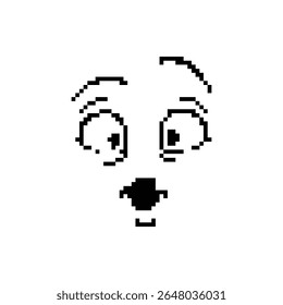 Pixel art face icon with wide eyes and small open mouth, expressing surprise or curiosity in black and white mosaic style.