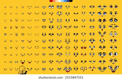 Pixel art faces. Retro 8-bit faces, kawaii emotions, uwu face and pixelated anime eyes vector set