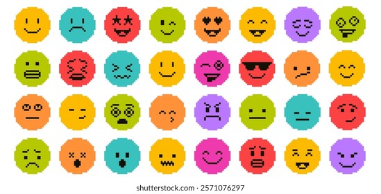 Pixel art faces. Retro pixelated emojis, colorful 8 bit emoticons with various facial expressions including happiness, sadness, anger, surprise and more. Minimal vector emoji icons set.