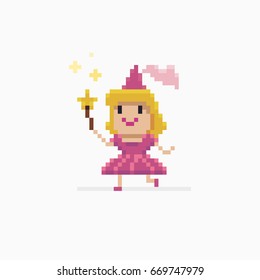 Pixel art fairy princess running with star shaped wand and doing magic