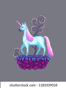 Pixel art fairy unicorn on the stone stand. Vector illustration.