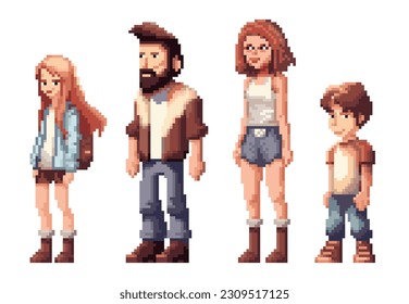 Familia de arte de Pixel. Grupo de píxeles de 8 bits de hombres y mujeres, niños y niñas. Ilustración vectorial de caracteres.