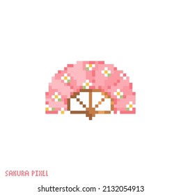 Pixel art fan icon. Vector 8 bit style illustration of traditional hand fan of japan. Classic pink female fan decorative oriental spring hanami element of retro video game computer graphic.