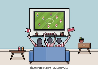 Pixel art fans watching football on tv in living room, south koreans watching the soccer world cup 8bit background
