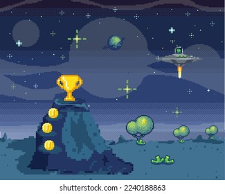 Pixel art with fantastic space landscape background. Colorful pixel arcade scene for game design. Cosmic gaming location with coins cup and unidentified flying object. Computer game pixelated platform