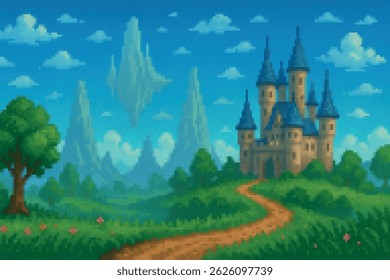 Pixel art fantasy castle with blue rooftops and floating islands in the sky. Surrounded by grassland and distant cliffs. A magical 16-bit scene for platformers and fantasy games.