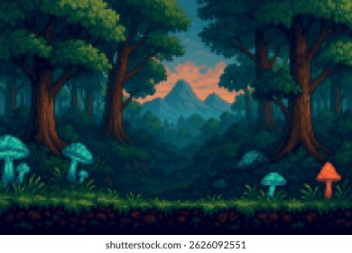 Pixel art fantasy forest with glowing mushrooms, tall trees, and distant mountains under a twilight sky. Retro 16-bit background perfect for side-scrolling games and magical adventures.