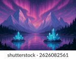 Pixel art fantasy lake with glowing crystals, snowy mountains, and aurora sky. Magical retro 16-bit landscape perfect for video games and fantasy art lovers.