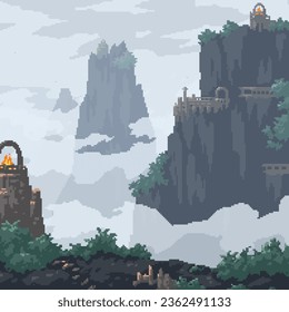 pixel art of fantasy mountain ruin