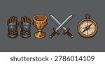 Pixel art of fantasy RPG game inventory items set featuring armor gauntlets, jeweled golden goblet, crossed swords, and navigation compass.