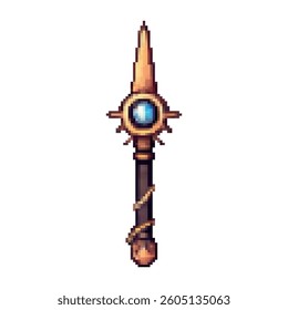 Pixel art fantasy staff with a sharp golden tip, glowing blue gem, and wrapped handle. Ideal for RPG games, magical weapons, wizards, or inventory icons. Isolated on white background.