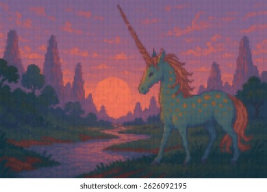 Pixel art fantasy sunset with a colorful unicorn standing by a winding river under a glowing sky and jagged cliffs. Retro 16-bit magical scene perfect for games and storytelling.