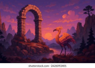 Pixel art fantasy sunset with a majestic phoenix standing near an ancient stone arch by the water, surrounded by glowing clouds and rocky cliffs. Retro 16-bit style, perfect for games and fantasy stor