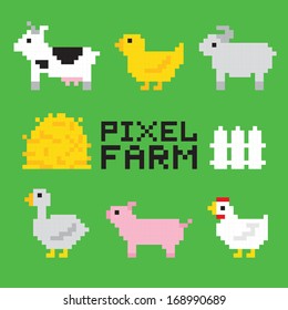 Pixel art farm animals isolated vector set