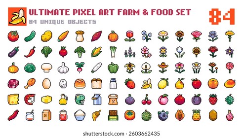 Pixel Art Farm and Food Icons. 8 bit style stickers of Pixelated Fresh Produce – Vegetables, Fruits, Flowers, Meat, Dairy, Fish. Pixel Food For Game assets and Gaming Badges.