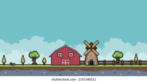 
Pixel Art Farm Landscape With Barn, Mill, Fence, Trees. 8 Bit Game Background