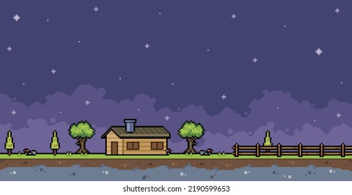 Pixel Art Farm Landscape At Night With House, Fence And Tree 8 Bit Game Background

