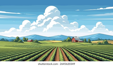 Pixel Art Farm Landscape with Rolling Hills and Big Clouds