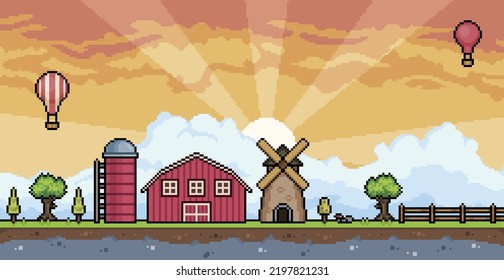 Pixel art farm landscape at sunset with barn, silo, mill, fence, tree 8 bit game background