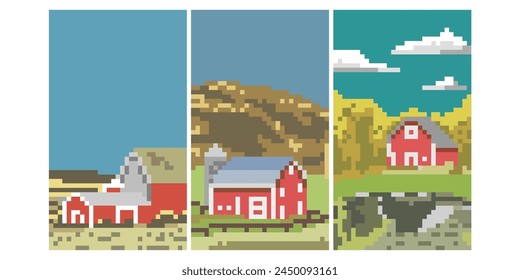 pixel art farm landscape vector illustration meadow, wheat field. Nature summer or autumn scenery with barn, windmill. Countryside for organic production background