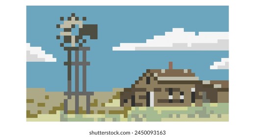 pixel art farm landscape vector illustration meadow, wheat field. Nature summer or autumn scenery with barn, windmill. Countryside for organic production background