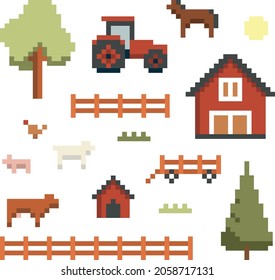 Pixel art farm objects vector