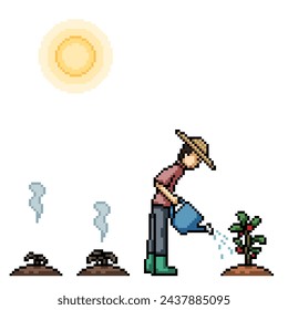 pixel art of farmer plant watering isolated background