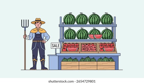 Criador de arte Pixel orgulhosamente exibindo abundante colheita de melancias suculentas frescas na banca de mercado