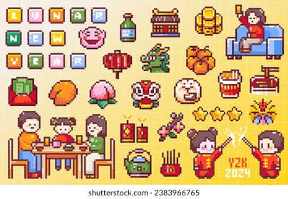 Pixel Art Fast Chinese New Year Celebration Icons. 8 bit Style Stickers of Pixelated Asian Lunar Festival - Temple, Coins, Lantern, Dragon, Orange Mandarins, Family Celebration, Fireworks and Decors.