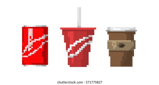 Pixel art fast drink cups vector illustration.