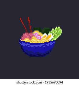 Pixel art fast food. Pixel Asian soup. Ramen Soup Pixel Icon. Vector