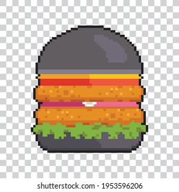 Pixel Art Fast Food Burger with two layers of meat with lettuce, tomato and cheese veggies