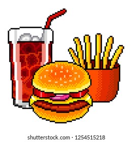 Pixel art fast food cola burger french fries detailed illustration isolated vector