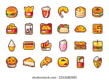 Pixel Art Fast Food Icons. 8 bit style stickers of Pixelated Fast Food Restaurant Meals - Fries, Burger, Bakery, Nuggets, Cakes, Beverages, Hot dog, Sandwich, Ice Cream and Other Favorite Junk Food.