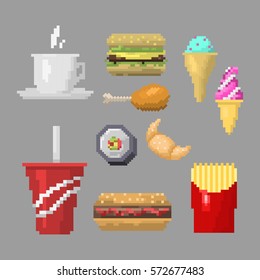Pixel art fast food icons vector.